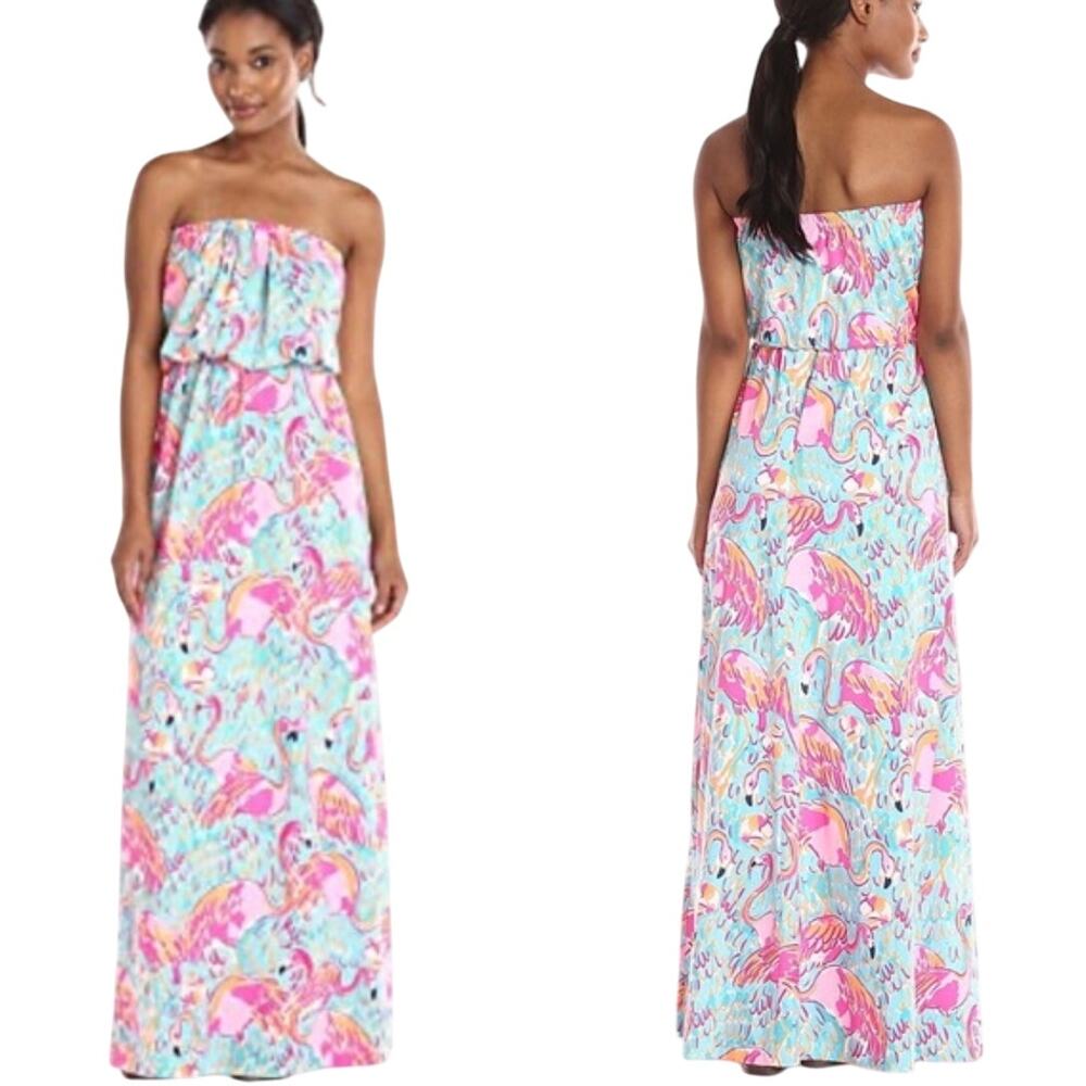 Lilly Pulitzer Marlisa Peel and Eat Flamingo Pink Strapless Maxi L As Is
